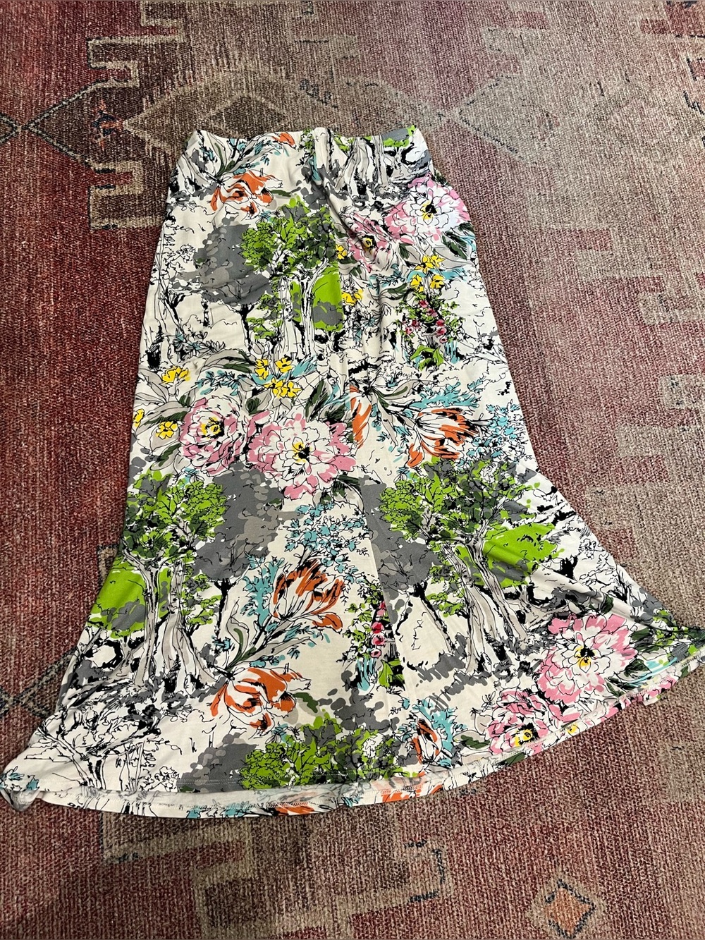 Weston wear floral watercolor jersey knit maxi skirt pull on waist flip hem med